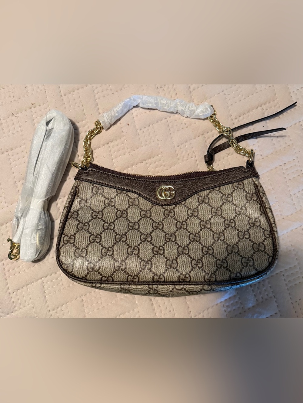 Beige Brown Canvas Small Crossbody Bag with Gold Hardware